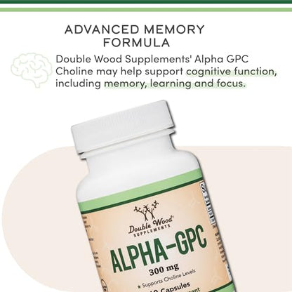 Alpha GPC Choline Capsules - 60 Count, 600mg Servings – Brain Support Aid that Supports Focus, Memory, Motivation, and Energy - (Made in the USA) Brain Support Supplement by Double Wood Supplements