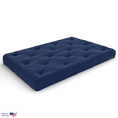 Space Saver Small Futon Sofa Bed, Sleeper Chair Lounger - (Twin Size, Natural Solid Wood) with Navy Blue Mattress Made in USA