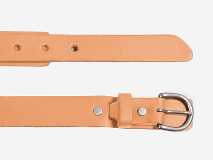 A tan leather belt with a silver buckle, shown laid flat with the buckle and holes visible against a white background.