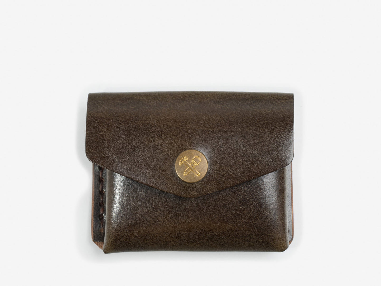 A closed olive coin pouch with a brass snap featuring a hammer and maul logo
