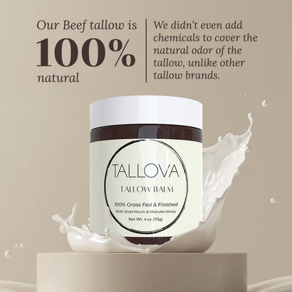 Tallova Hydrating Tallow Balm - Organic Beef Tallow for Skin. Enhanced with Snail Mucin & Manuka Oil, Unscented Eczema Care Moisturizer for Adult Men & Women. 4 Oz