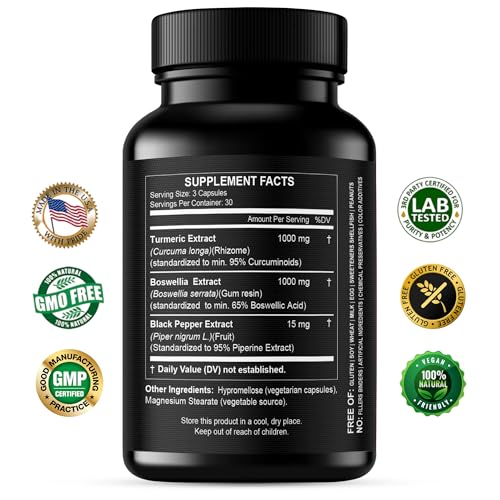 Turmeric Boswellia Extract Supplement 2000 mg – Extra Strength Boswellia Serrata with Turmeric Curcumin - 95% Curcuminoids with Boswellia Extract Capsules - Standardized High Potency - Made in USA