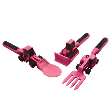 Constructive Eating Plate and Utensils Set - USA-Made Toddler Dinnerware with Divided Plates (Pink Construction)