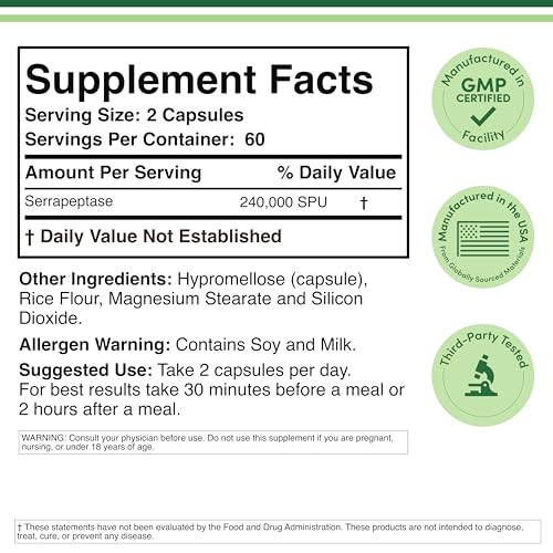 Serrapeptase 240,000 SPU Max Potency (120 Veggie Capsules) Proteolytic Enzyme for Sinus, Respiratory and Joint Health (Non-GMO, Gluten Free, Vegetarian Safe) by Double Wood