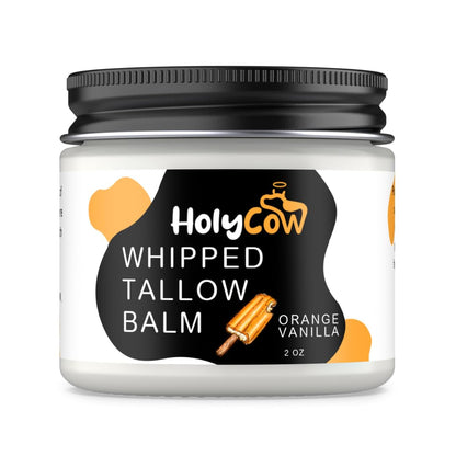 HolyCow Beef Tallow For Skin - Whipped Tallow Balm with Organic Jojoba Oil (Orange Vanilla), Grass Fed Beef Tallow Face Moisturizer for Eczema, Baby, Lip Balm - Lotion For Extremely Dry Skin