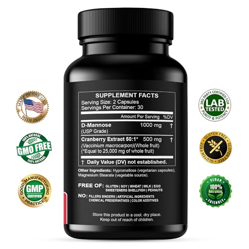 HCL HERBAL CODE LABS D-Mannose with Cranberry Extract Capsules 1500mg – High Potency USP Grade D-Mannose Supplement with Whole Fruit Cranberry Powder – Urinary Tract Support – Non-GMO 60 Capsules