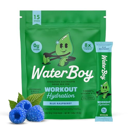 Waterboy Workout Hydration | 2,960mg Sugar Free Electrolyte Powder Packets | L-Glutamine + Vitamins | No Sugar, All Natural, Gluten Free | 15 Drink Stick Mixes (Blue Raspberry)
