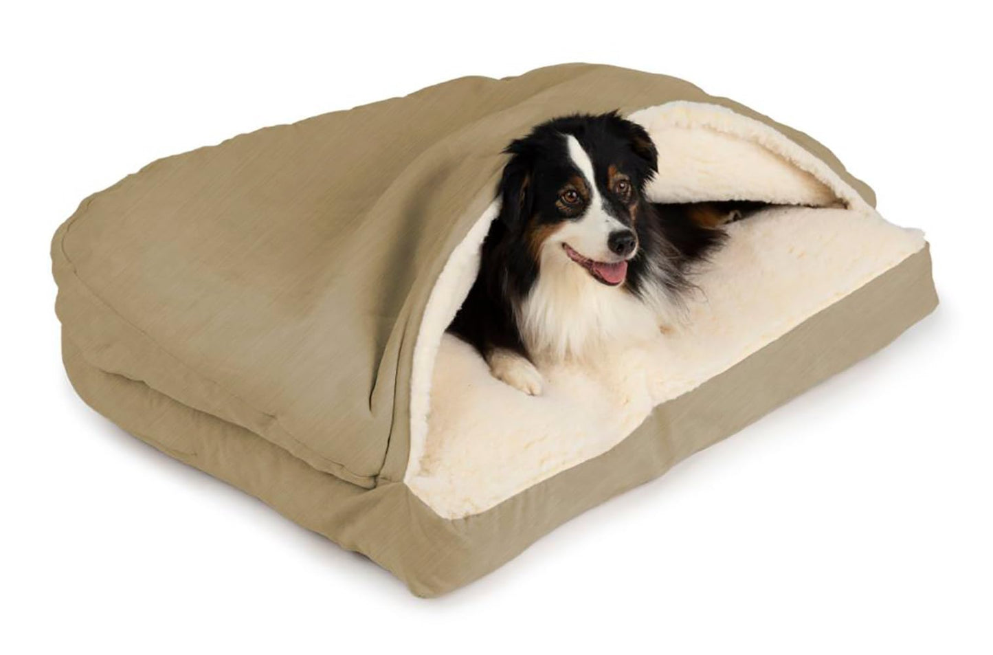 Snoozer Rectangle Cozy Cave Dog Bed - Indoor Dog Bed with Cover Cave, Covered Calming Burrow for Small Sized Pets with Blanket Attached, Enclosed, Washable - Small, Khaki