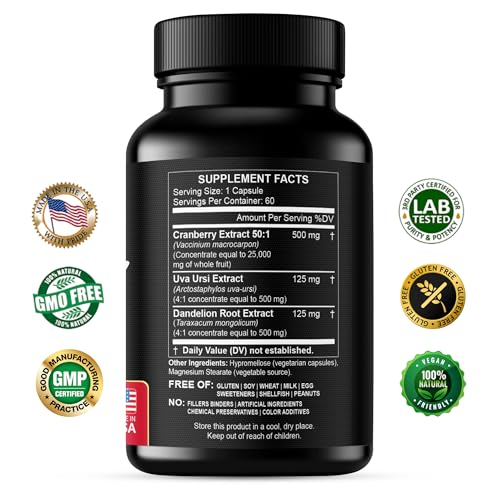 Cranberry Extract Pills - Super Strength 50:1 Whole Fruit Concentrate Equals to 25,000mg of Fresh Cranberries Plus Dandelion & Uva Ursi - Natural UTI Support - Kidney Cleanse & Urinary Tract Health