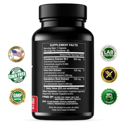 Cranberry Extract Pills - Super Strength 50:1 Whole Fruit Concentrate Equals to 25,000mg of Fresh Cranberries Plus Dandelion & Uva Ursi - Natural UTI Support - Kidney Cleanse & Urinary Tract Health
