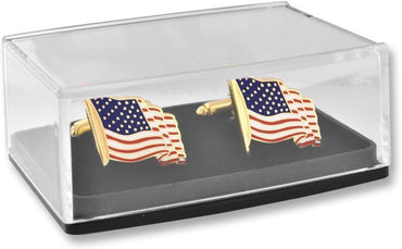 PinMart's Waving American Flag Tie Clip & Cufflink USA Patriotic Bundle - Gold