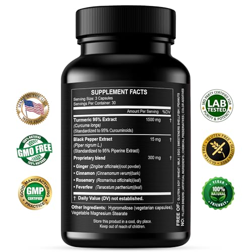Turmeric Curcumin Extract 1500mg – Full Dose of 95% Curcuminoids with Black Pepper Ginger & Cinnamon – High Absorption Turmeric Supplement – Non-GMO Natural Capsules