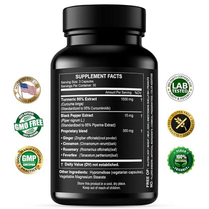 Turmeric Curcumin Extract 1500mg – Full Dose of 95% Curcuminoids with Black Pepper Ginger & Cinnamon – High Absorption Turmeric Supplement – Non-GMO Natural Capsules