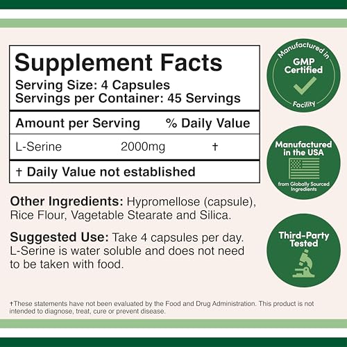 L-Serine Capsules (Third Party Tested) - 2,000mg Servings Used in Clinical Study, 180 Count, 500mg per Capsule (L Serine Amino Acid for Serotonin Production and Brain Support) by Double Wood