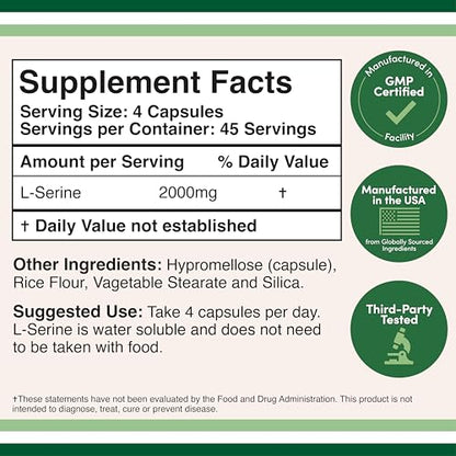 L-Serine Capsules (Third Party Tested) - 2,000mg Servings Used in Clinical Study, 180 Count, 500mg per Capsule (L Serine Amino Acid for Serotonin Production and Brain Support) by Double Wood