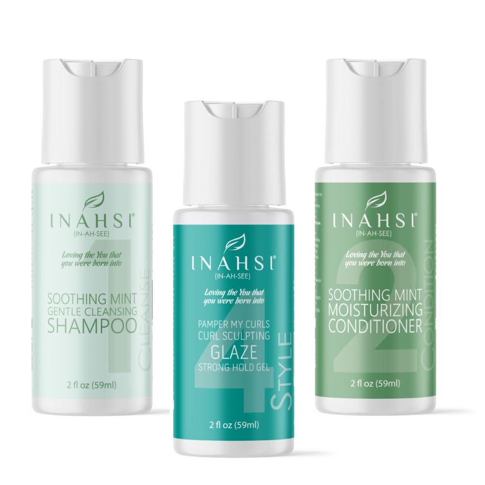 INAHSI Sample Pack | Gentle Cleansing Shampoo | Soothing Mint Conditioner | Curl Sculpting Glaze Strong Hold Gel | Hair Products for Naturally Curly Hair | Made in the USA