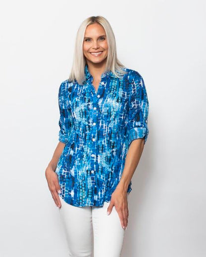 SNO SKINS Spring/Summer Collection Designer Print Crinkle Button-Down Shirt with Tab Sleeves (Wavy Tiles)