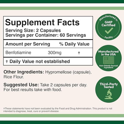 Benfotiamine 300mg Servings (Third Party Tested, 120 Capsules, 150mg Per Cap) Non-GMO, to Boost Thiamine B1 Levels (More Absorbable Than Thiamine, Fat Soluble) by Double Wood