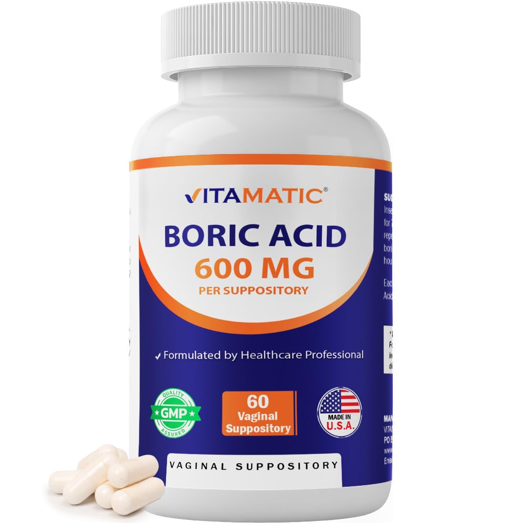 Vitamatic Boric Acid Vaginal Capsule Shell Suppositories 600 mg USP Grade Boric Acid in Vegetarian Capsule Shell - 60 Count