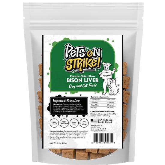 PETS ON STRIKE Freeze Dried Bison Liver for Dogs & Cats – Single Ingredient Dog Treats – USA Sourced & Made – High Protein, All Natural, Grain Free – Raw Freeze-Dried Training Treats (3oz)