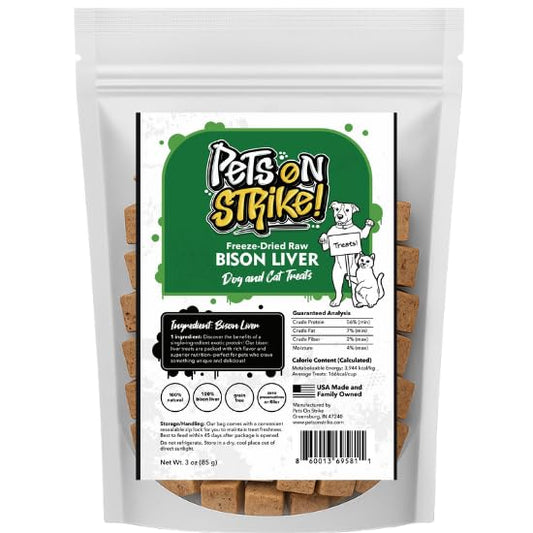 PETS ON STRIKE Freeze Dried Bison Liver for Dogs & Cats – Single Ingredient Dog Treats – USA Sourced & Made – High Protein, All Natural, Grain Free – Raw Freeze-Dried Training Treats (3oz)