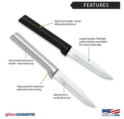 RADA Cutlery Regular Paring Knife (W201), 3.25" Stainless Steel Hollow Ground Blade, Made in USA, Made in USA, Black Handle