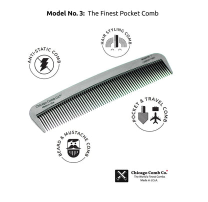 Chicago Comb Model 3 Carbon Fiber, Made in USA, Anti-static, 5.5 inches (14 cm) long, Fine-tooth, Pocket, Travel, EDC comb, Finer Hair and Beards