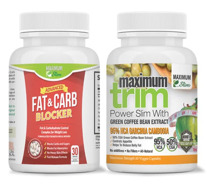 Maximum Slim Fat & Carb Blocker + Garcinia Cambogia with Green Coffee Extract — Dual Action Carb Control, Appetite Support & Metabolism Boost (2-Pack, 1 Month Supply Each)