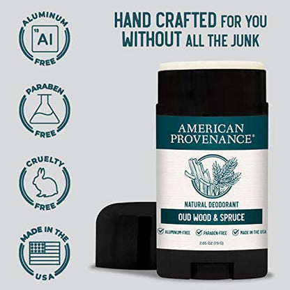 American Provenance Aluminum Free Natural Deodorant For Women and Men - Oud Wood and Spruce - 24 Hour Odor Protection - Cruelty Free - Made in the USA (1 pack)