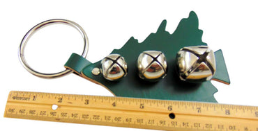 Christmas Tree Sleigh Bell Door Hanger with Brass Bells and Green Leather Made in The USA