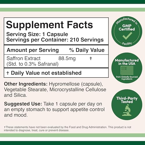 Saffron Supplement for Focus - Saffron Extract 88.5mg Vegan Capsules (210 Count) – Supports Focus and Vision, Including Retina and Lens – Herbal Dietary Supplement by Double Wood