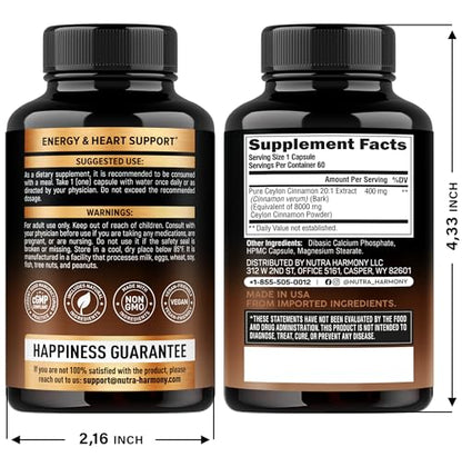 Ceylon Cinnamon Capsules - Extra Strength - Energy, Heart & Metabolism Support - for Men & Women - Pure Natural Extract 20:1 Supplement - Made in USA - GMO & Gluten Free