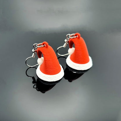 Festive 3D Santa Hat Dangle Earrings, Handmade Plastic Christmas Party Jewelry, Red and White, Lightweight, Made in USA