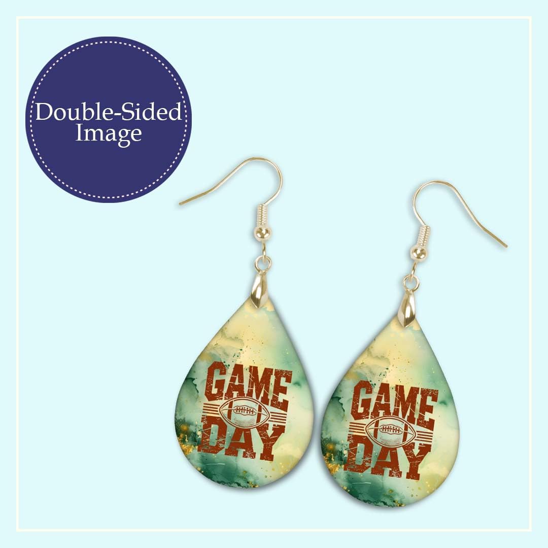 Football Gameday Earrings Green Gold Dangle Dangling Teardrop 2.25 Inches Long Lightweight Double-Sided Design Handmade by The Painted Pug