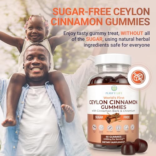 Purify Life Sugar-Free Ceylon Cinnamon Gummies (2,000mg/Serving) – Vegan, Gluten-Free Herbal Supplement – Replace Cinnamon Capsules, Pills & Powders – 60 Chews
