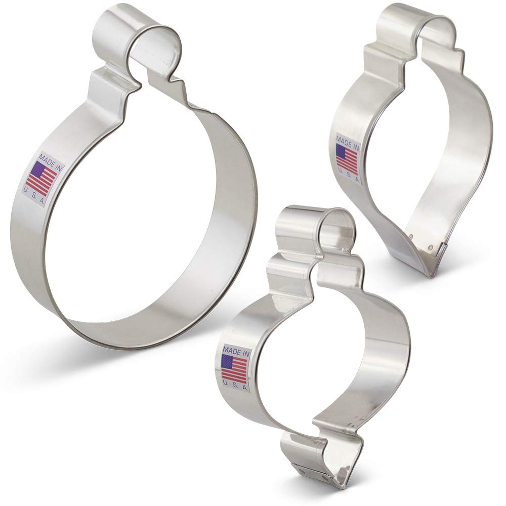 Christmas Ornaments Cookie Cutters 3-Pc Set Made in USA by Ann Clark, Teardrop Bauble, Finial, and Round Ornaments