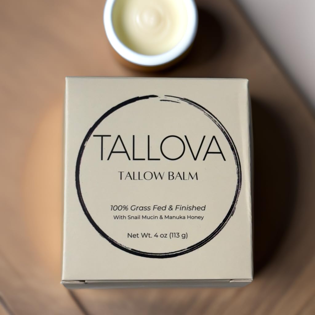 Tallova Hydrating Tallow Balm - Organic Beef Tallow for Skin. Enhanced with Snail Mucin & Manuka Oil, Unscented Eczema Care Moisturizer for Adult Men & Women. 4 Oz