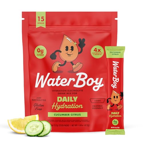 Waterboy Daily Hydration | 1,570mg Electrolyte Powder Packets | No Sugar, All Natural, Gluten Free, Zero Calories | 15 Drink Stick Mixes (Cucumber Citrus)