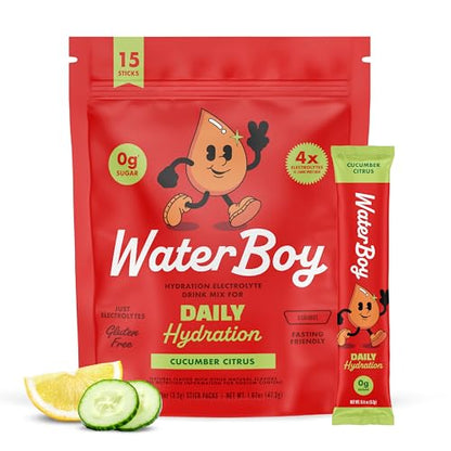 Waterboy Daily Hydration | 1,570mg Electrolyte Powder Packets | No Sugar, All Natural, Gluten Free, Zero Calories | 15 Drink Stick Mixes (Cucumber Citrus)
