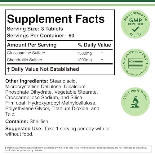 Glucosamine Chondroitin Triple Strength (1,500mg Glucosamine Sulfate, 1,200mg Chondroitin) 180 Tablets, Two Month Supply (Joint Support Supplement) Gluten Free, Non-GMO by Double Wood