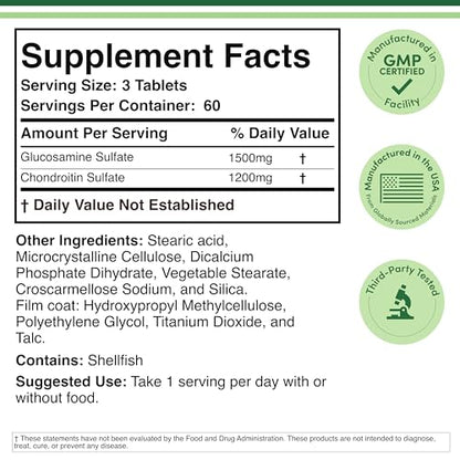 Glucosamine Chondroitin Triple Strength (1,500mg Glucosamine Sulfate, 1,200mg Chondroitin) 180 Tablets, Two Month Supply (Joint Support Supplement) Gluten Free, Non-GMO by Double Wood