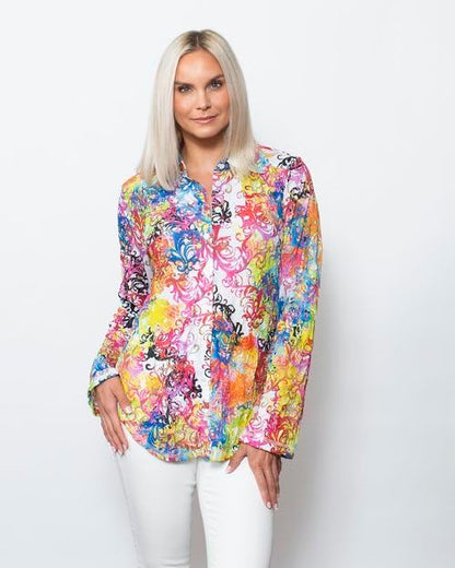 SNO SKINS Spring/Summer Collection Designer Print Crinkle Button-Down Shirt (Antiquity)