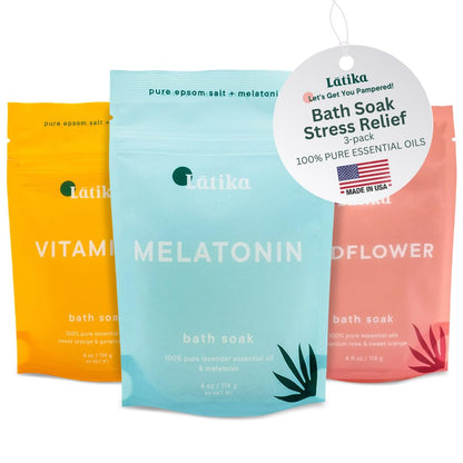 Latika Soaks Set of 3 - Wildflower, Melatonin, Vitamin C - Moisturizing Bath Soak with Epsom Salt & Essential Oils for Stress Relief, Muscle Recovery, & Relaxation - at-Home Spa