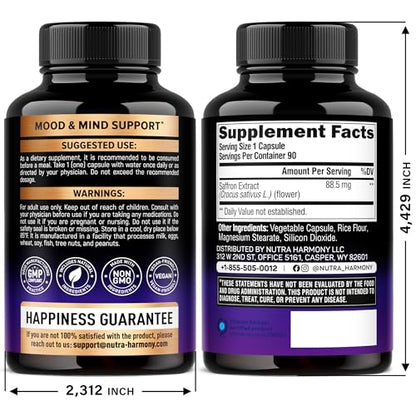 Natural Saffron Supplements - Pure Saffron Extract 88.5 mg - Made in USA - Mood | Focus | Vision | Energy Support - Eye Health for Women & Men - NonGMO Vegan Pills - 90 Powder Capsules, 3 Month Supply