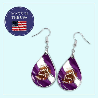 Purple Football Earrings for Women College Gameday Jewelry Sports School Team Spirit Fan Gift Handmade by The Painted Pug (Purple White Silver)