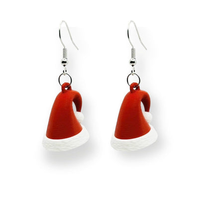 Festive 3D Santa Hat Dangle Earrings, Handmade Plastic Christmas Party Jewelry, Red and White, Lightweight, Made in USA