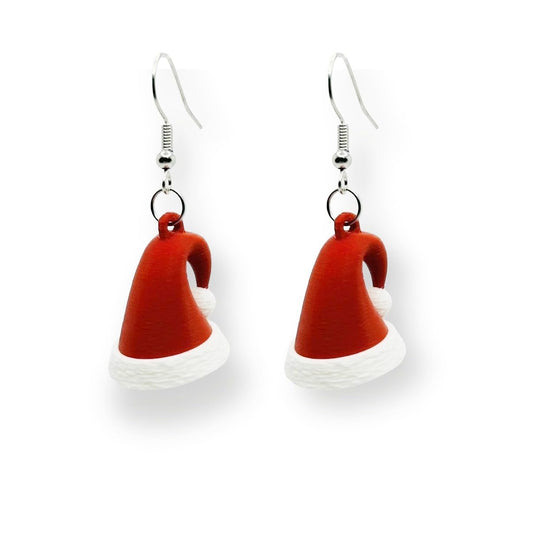 Festive 3D Santa Hat Dangle Earrings, Handmade Plastic Christmas Party Jewelry, Red and White, Lightweight, Made in USA