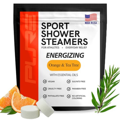 Pure Energizing Sport Shower Steamers - Natural Orange and Tea Tree Essential Oils, Made in USA, Energy Boost for Athletes, Best Relaxing Birthday Gift Set for Stress Relief, Recovery and Self Care