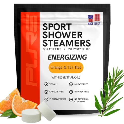 Pure Energizing Sport Shower Steamers - Natural Orange and Tea Tree Essential Oils, Made in USA, Energy Boost for Athletes, Best Relaxing Birthday Gift Set for Stress Relief, Recovery and Self Care