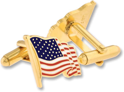 PinMart's Waving American Flag Tie Clip & Cufflink USA Patriotic Bundle - Gold